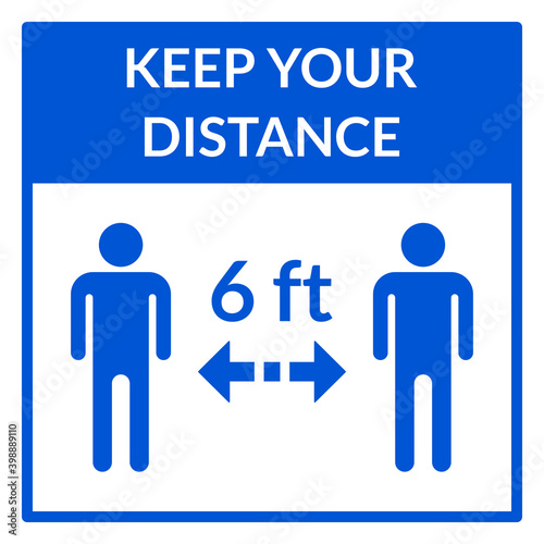 Keep Your Distance 6 ft or 6 Feet Square Social Distance Instruction Icon. Vector Image.