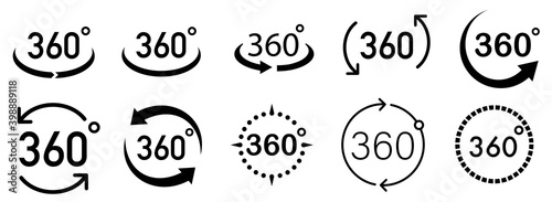 360 Degrees View Vector set. Signs with arrows to indicate the rotation or panoramas to 360 degrees. Vector icon symbol. Vector illustration.
