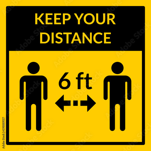 Keep Your Distance 6 ft or 6 Feet Square Social Distance Instruction Icon. Vector Image.