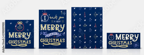 Christmas card set. Merry Christmas greeting cards with hand drawn letters, patterns and elements in vector. DIN A6, Landscape and square format