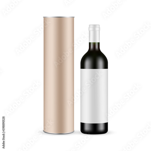 Glass Red Wine Bottle and Kraft Cardboard Tube Mockup Isolated on White Background. Vector Illustration