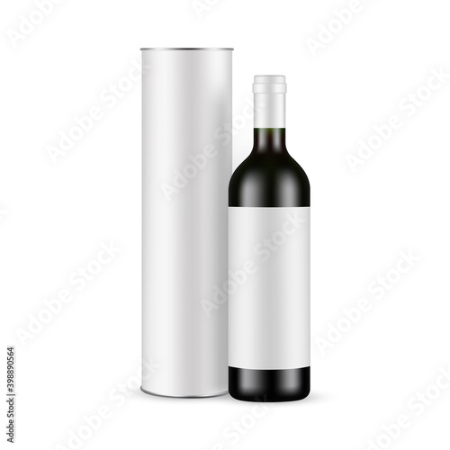 Glass Wine Bottle With Label and Paper Tube Mockup Isolated on White Background. Vector Illustration