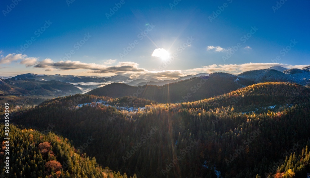Picturesque mountain landscapes near the village of Dzembronya in Ukraine in the Carpathians mountains