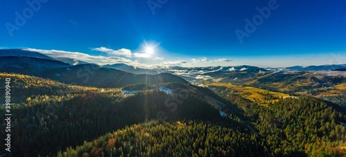 Picturesque mountain landscapes near the village of Dzembronya in Ukraine in the Carpathians mountains photo