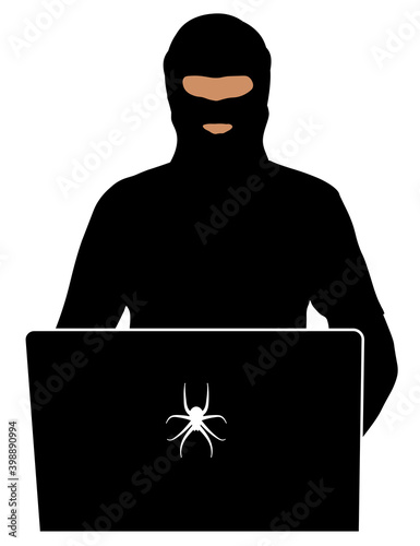 Сriminal in balaclava at computer. Security officer at a laptop. Provocateur in social networks of the Internet. Silhouette vector