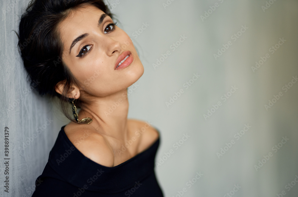portrait of attractive lady with evening make up indoors and evening dress portrait of attractive lady with evening make up indoors and evening dress