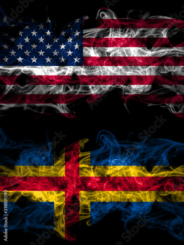United States of America, America, US, USA, American vs Aland, Alandic smoky mystic flags placed side by side. Thick colored silky abstract smoke flags
