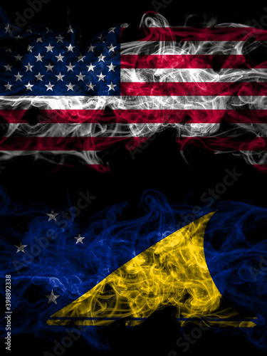 United States of America, America, US, USA, American vs New Zealand, Tokelau smoky mystic flags placed side by side. Thick colored silky abstract smoke flags