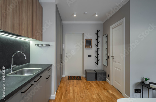 Contemporary interior of modern studio apartment. Grey kitchen set. White door. Hanger and mirror on wall.