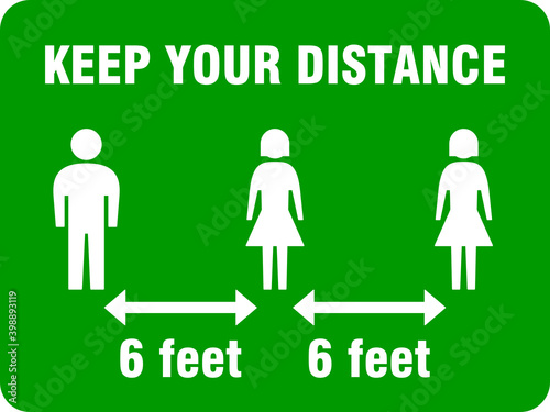 Keep Your Distance 6 Feet or 6 ft Horizontal Social Distancing Instruction Icon with an Aspect Ratio of 4 3 and Rounded Corners. Vector Image.