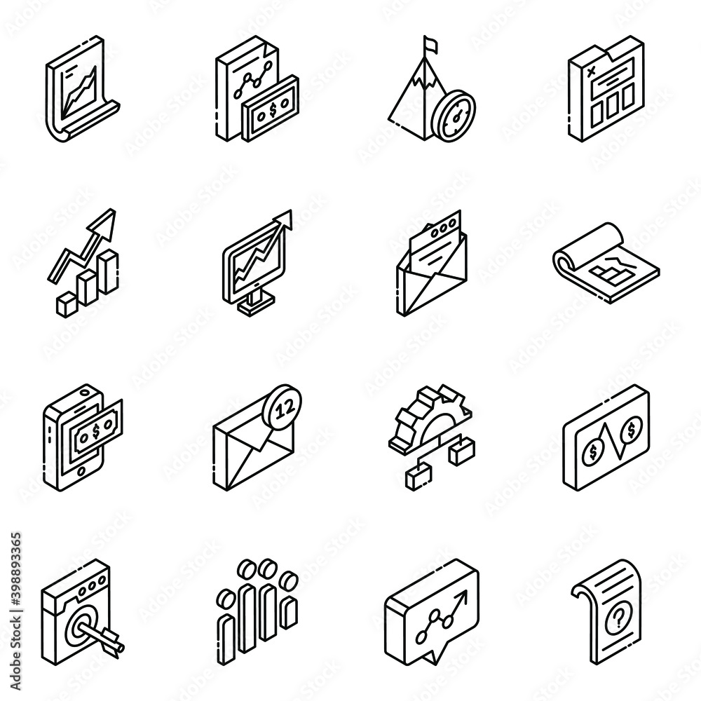 
Pack of Business Chart Glyph Isometric Icons 
