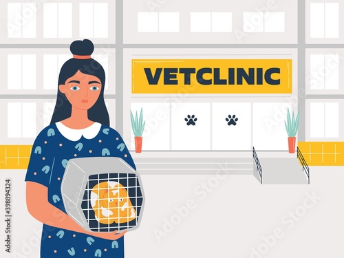 Vector veterinary medicine hospital or clinic for animals. Woman holding cat to cure ill or sick pet disease. Girl standing outside vet clinic. Cartoon flat style illustration.
