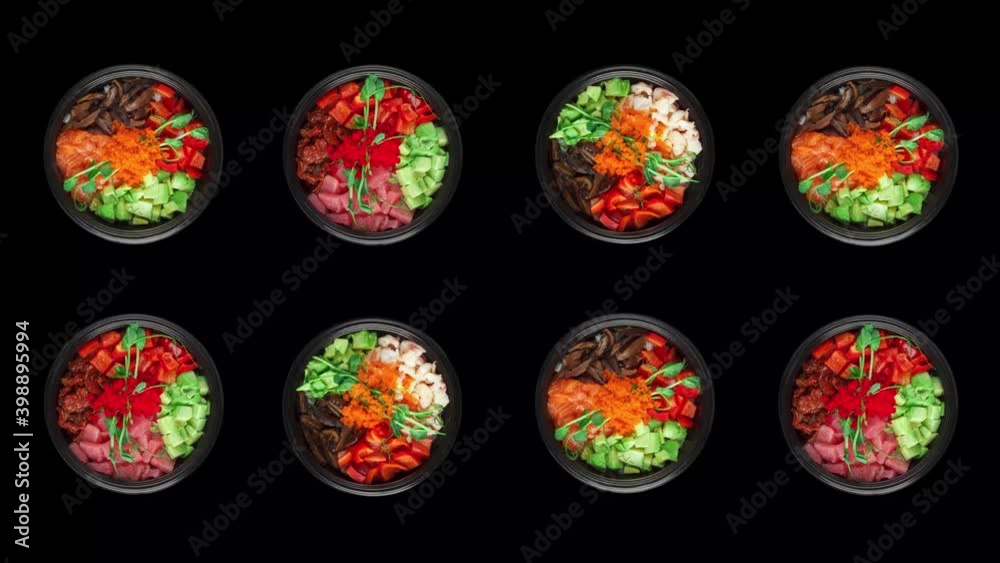 Bowls of rice, fish, avocado and bell pepper turn around clockwise Bowls of rice, fish, avocado and bell pepper turn around clockwise