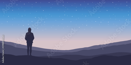 lonely girl silhouette at night on starry sky background vector illustration EPS10
