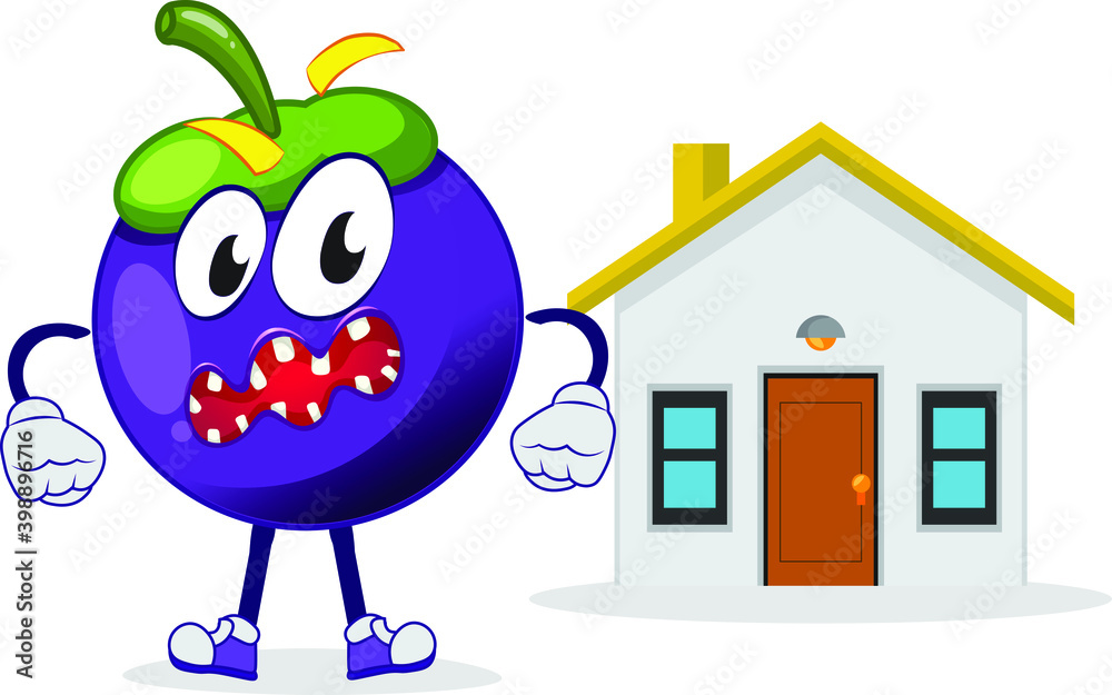 Ugly mango Steen character standing in front of a house