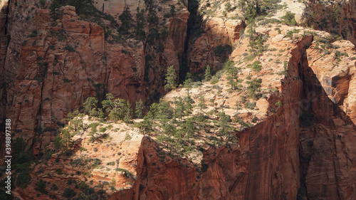 Angels Landing at Zion National Park with Navajo Sandstone Mountains and Cliffs in Utah, USA.