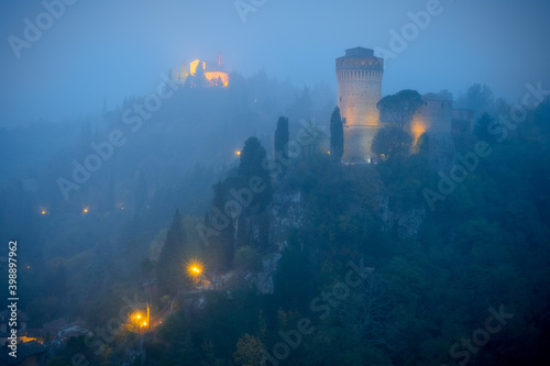 Brisighella  Ravenna  Emilia Romagna  Italy Europe. The medieval fortress at dusk.