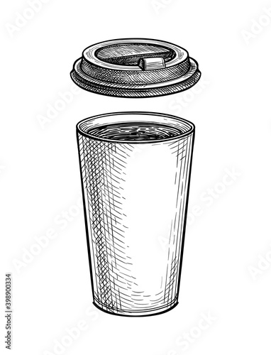 Ink sketch of coffee in paper cup with lid