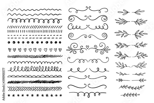 Hand drawn vector dividers. Lines, borders and laurels set. Doodle design elements.