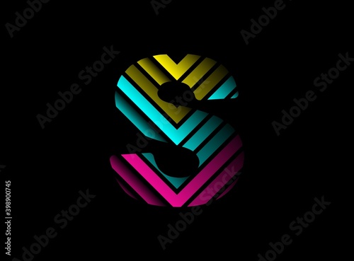 S letter font logo with cmyk color. Dynamic split blue, pink, yellow color on black background. For social media,design elements, creative poster, brand label and more