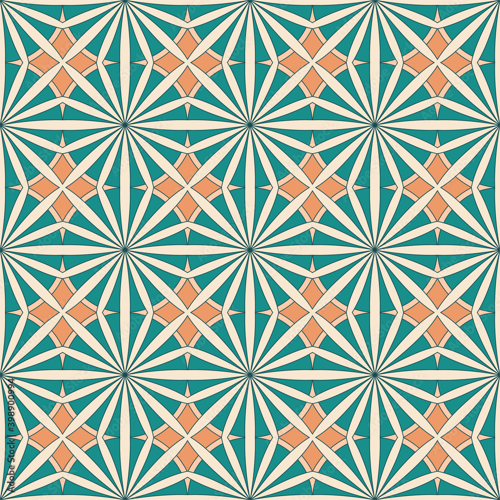 Ethnic seamless vector pattern. Green and orange geometric flower.