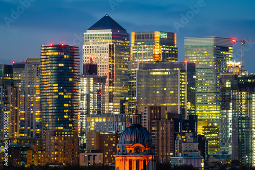 Canary Wharf financial district of London at sunset