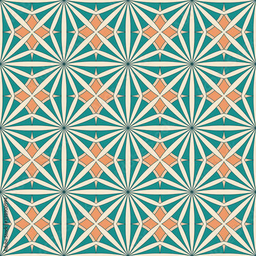 Ethnic seamless vector pattern. Green and orange geometric flower.