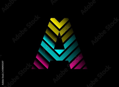 A letter font logo with cmyk color. Dynamic split blue, pink, yellow color on black background. For social media,design elements, creative poster, brand label and more