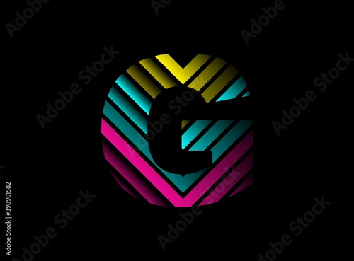 G letter font logo with cmyk color. Dynamic split blue, pink, yellow color on black background. For social media,design elements, creative poster, brand label and more