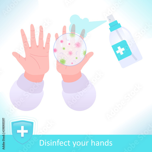 Disinfect your hands with hand sanitizer spray. Hygiene concept, vector illustration
