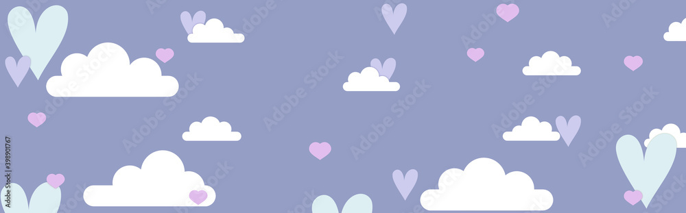 Blue sky with white clouds and colored hearts