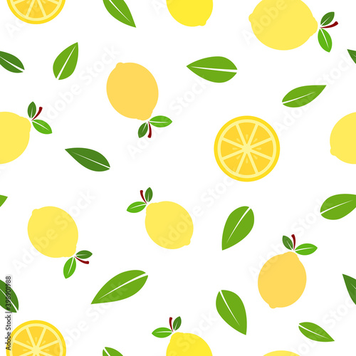 Flat yellow lemon illustration  full  slices and leaves  over white background