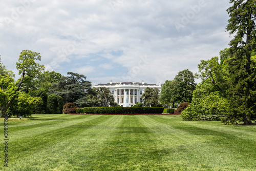 The White House and south lawn in Washington DC on a beautiful day