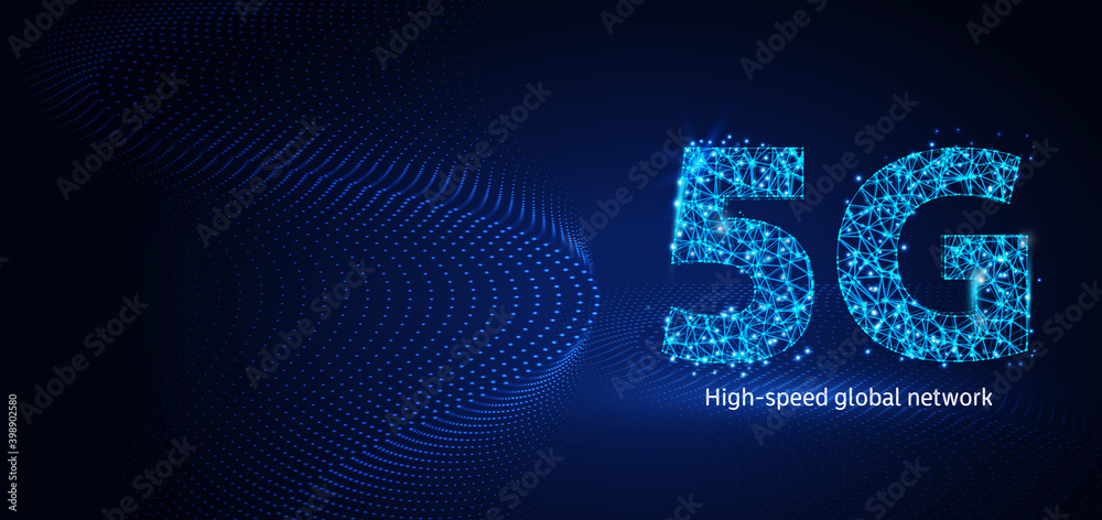5G wireframe geometric polygonal design. Low poly wireframe digital vector illustration. High speed big data binary code broadband. Futuristic 5G technology concept on blue background.