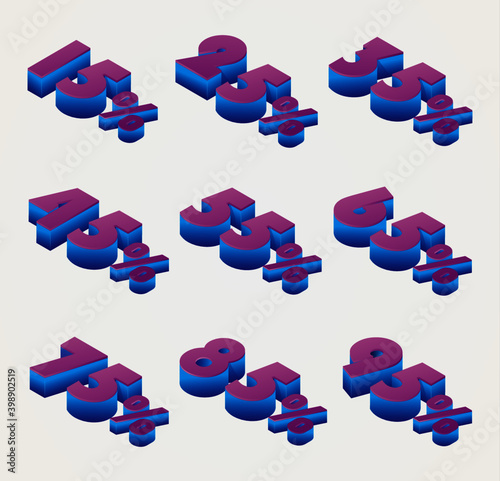 Set of sale percents. Set of volumetric shiny numbers and percent sign. 3D vector, 3D colorful numbers.