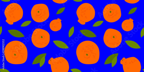 seamless pattern with Jeju Island Orange Hallabong and leaves. silhouettes of fruits. indigo color background. Modern design for packaging, paper, cover, fabric, interior decor, menu and clothes