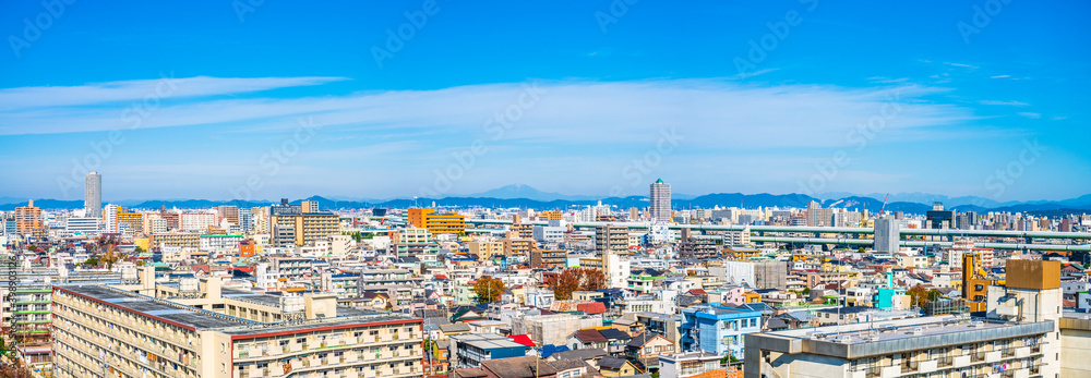 Aerial panorama of Yanagihara and Shimizu districts of Nagoya. Japan