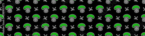 Punk rock mushroom vector seamless border. Simple alternative banner. Kids fungi emo rocker cute hand drawn cartoon grungy tattoo with attitude motif. 