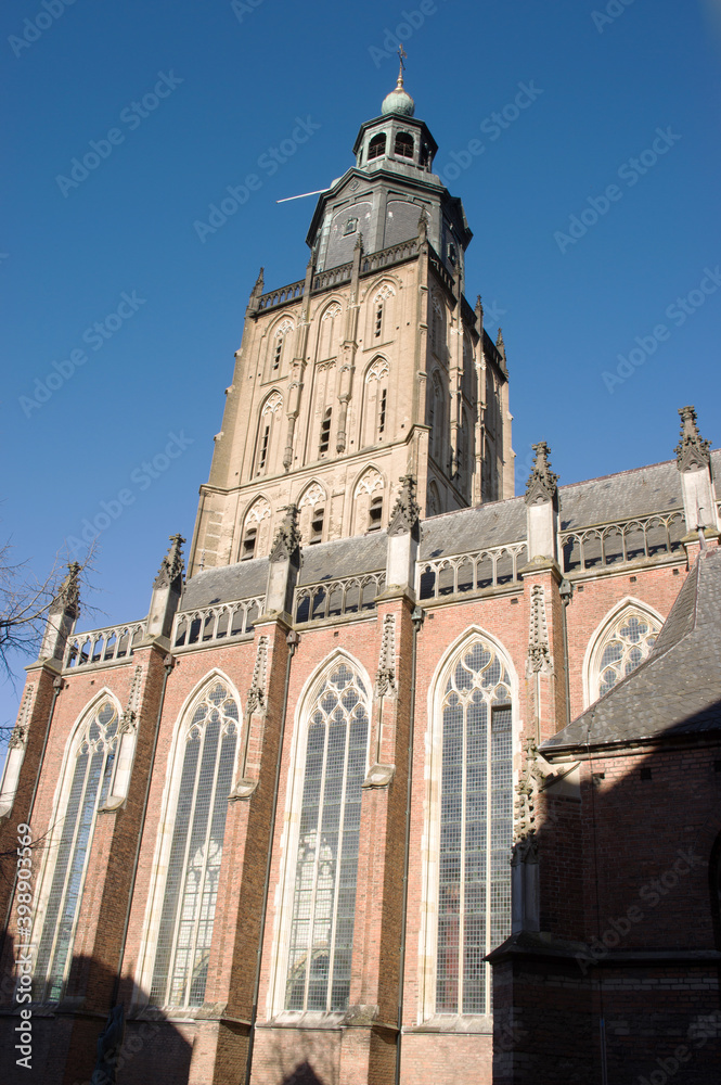 Closeup of the facade  with the tower of the Walburgiskerk, an monumental church in Zutphen, Netherlands