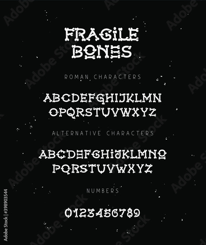Bone font. Lettering. Letters and numbers made of bones. The English alphabet on a black background.