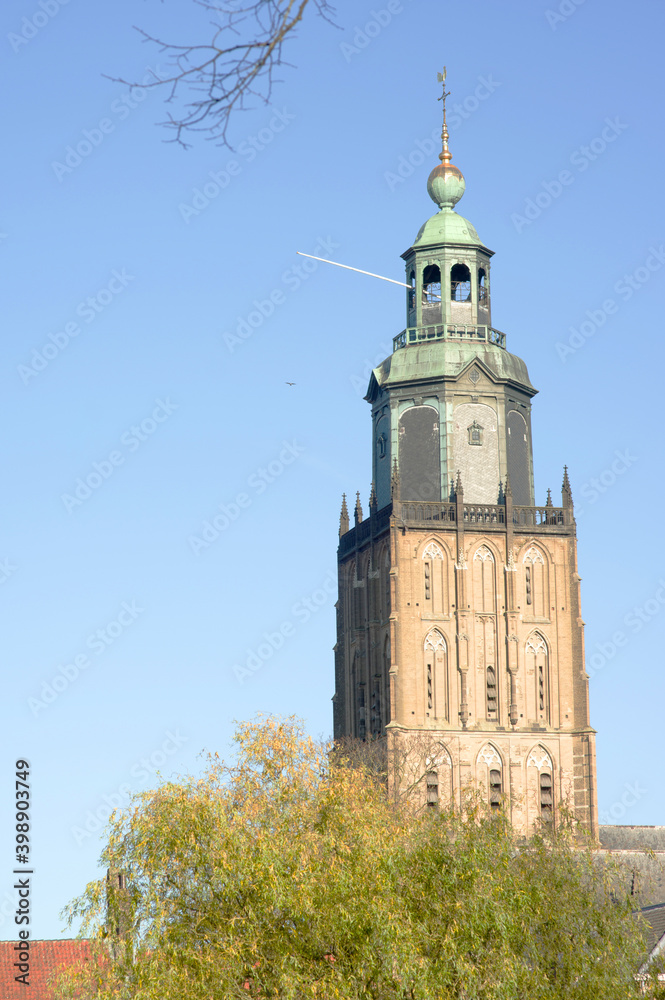 Closeup of the tower of the Walburgiskerk, an monumental church in Zutphen, Netherlands