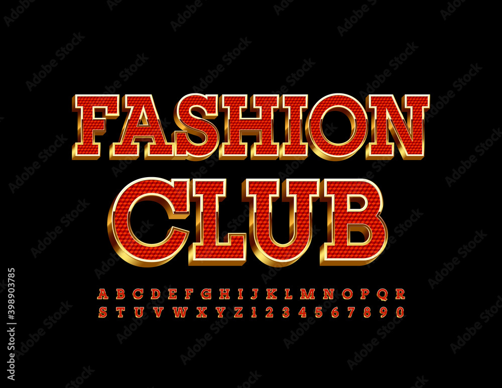 Obraz premium Vector glamour sign Fashion CLub. 3D Red and Gold Font. Elite style Alphabet Letters and Numbers set