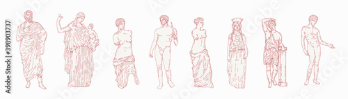 Greek marble statues aesthetic vector hand drawn illustration set. sculptures of human body and architectural elements. greek gods and mythology, ancient greece graphic design elements.