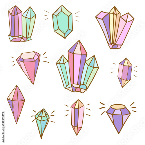 Diamonds and crystals graphic line drawing. Healing single crystal isolated on white background. Black and white mystical crystal. Set of the crystals
