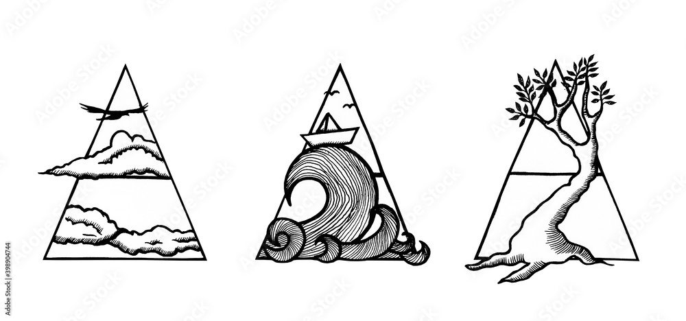 triangular symbols of water, earth and air drawn in monochrome on a white background triangular symbols of water, earth and air drawn in monochrome on a white background