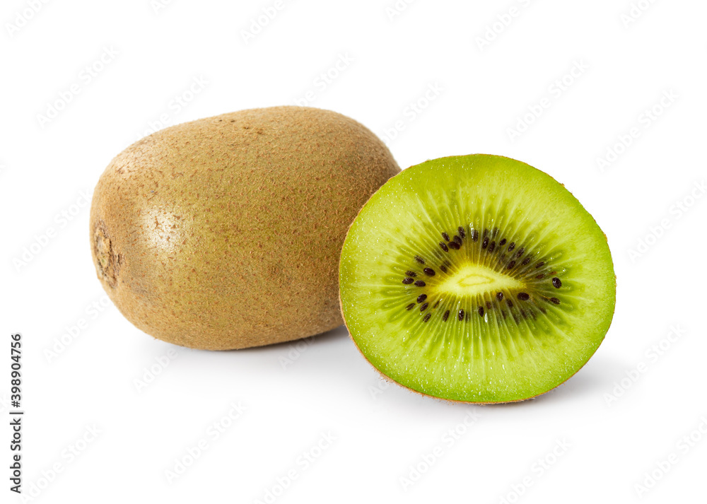 Ripe kiwi fruit and half kiwi isolated on white Ripe kiwi fruit and half kiwi isolated on white