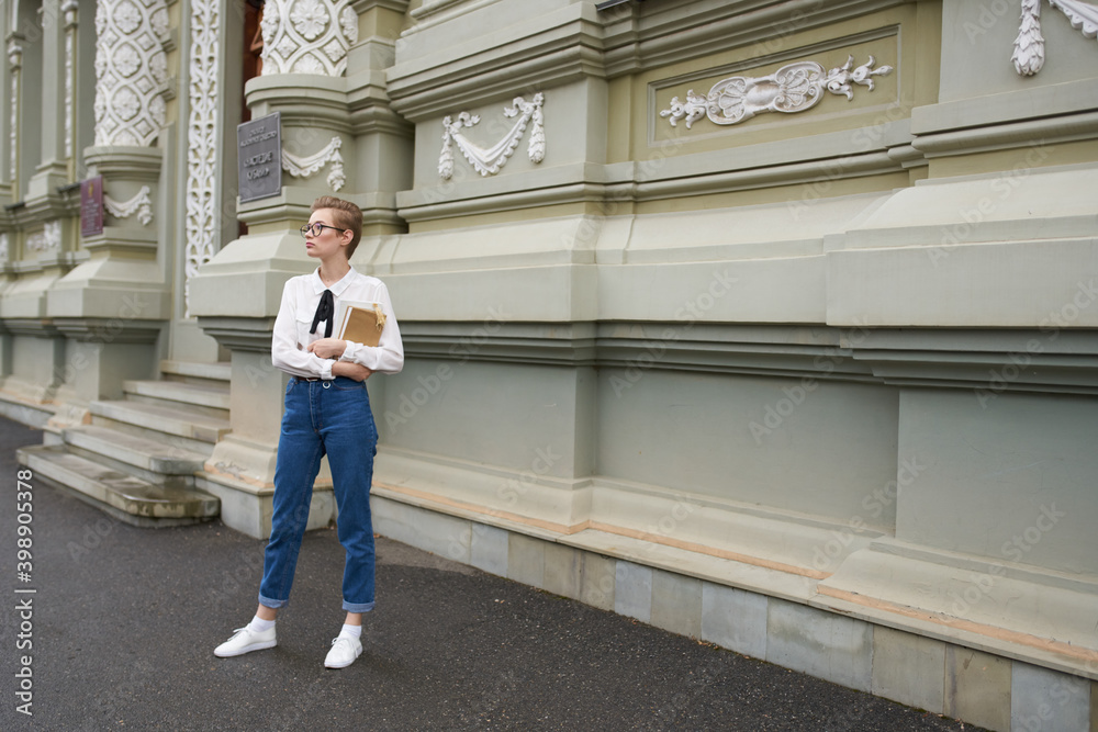 cute female student with book in hand glasses retro building education institute cute female student with book in hand glasses retro building education institute