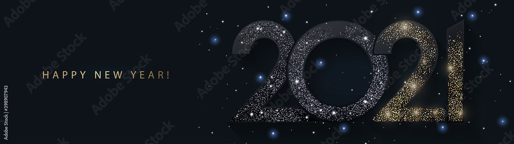 Happy New Year banner. Modern design with 2021 glittering black and ...