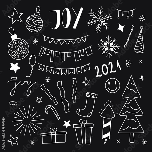 Set of roughly hand drawn, handmade Happy New Year and Merry Xmas, Christmas related doodles, decorations, decors on black background EPS Vector