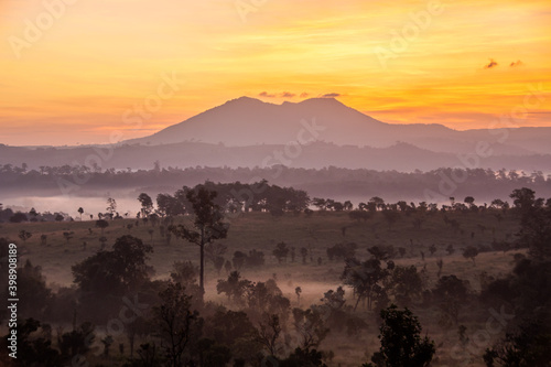 beautiful of sunrise with mountain in Thung Salaeng Luang National Park, Phetchabun Province, Thailand. soft focus and low key.